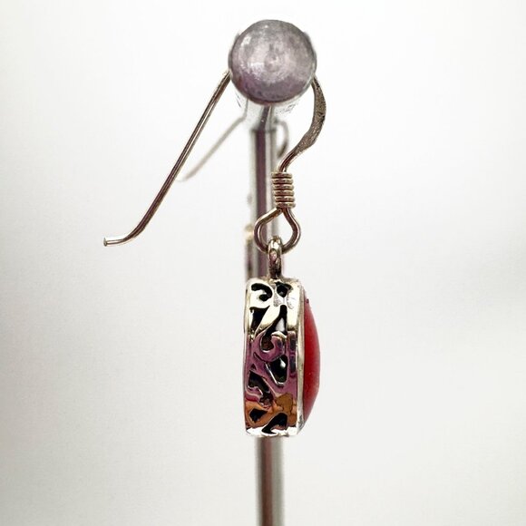 VTG Sterling Silver 925 Red Cabochon Gemstone Dangle Earrings Size 1" Length - Picture 3 of 9